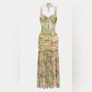 Micas Strapless Floral Sheer Dress in Green and Pink